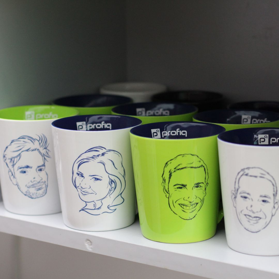 profiqtw's tweet photo. Everyone on team profiq now has their own #mug - and not just any mug! A mug with their name on it and a flattering caricature in company colors. Here's our colleague Viki posing with his mug! Has your company ever created personalized gifts? Share below! #workculture #officefun https://t.co/oJkul9ryE5