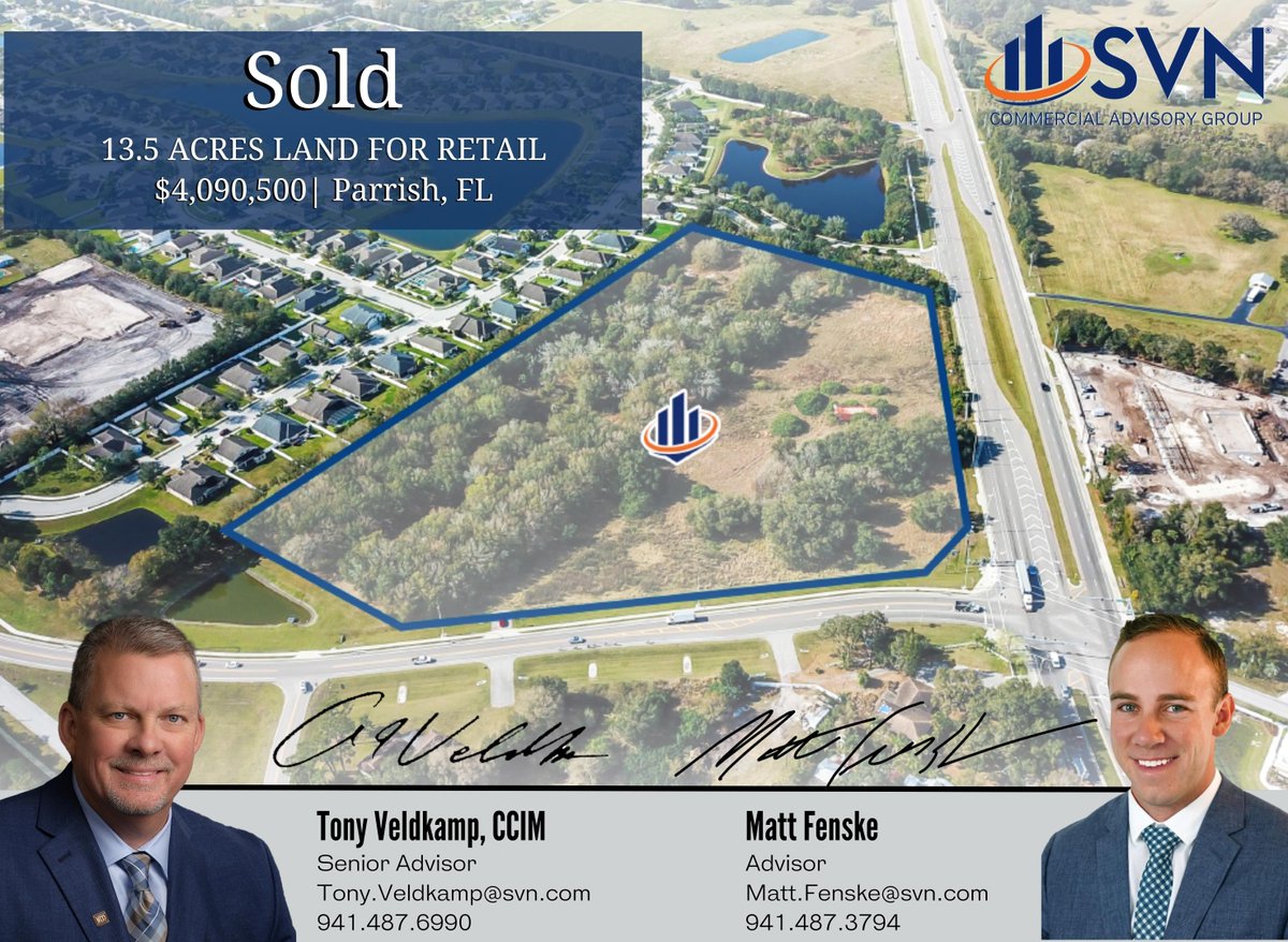 SVN_CAG's tweet photo. SVN Commercial Advisory Group's Senior Advisor, Tony Veldkamp, and Advisor, Matt Fenske, have successfully managed the $4.09 million sale of a 13.4-acre retail development site in Parrish, Fla. 

https://t.co/kLZVf7tZIl 

#CRE #SVN #RetailDevelopment #ParrishFL https://t.co/GKsdm4O3tb