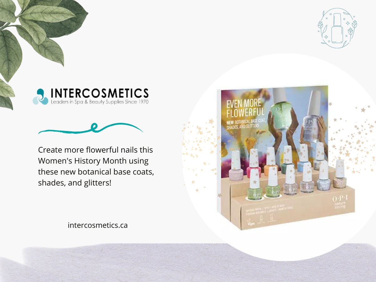 IntercosmeticON's tweet photo. Create more flowerful nails this Women's History Month using these new botanical base coats, shades, and glitters! 💅

Shop now: https://t.co/8of67JVz09

#ontariobeauty #beautysupplies #opinails #manicurenails https://t.co/7wk465cQPd