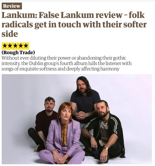 RoughTradeRecs's tweet photo. An incredible ⭐️ ⭐️ ⭐️ ⭐️ ⭐️ review for @LankumDublin of their new album (out next week) ‘False Lankum’ in @guardianmusic today by the brilliant @juderogers 

Pre-save/pre-order ‘False Lankum’: https://t.co/bPyACbrL7C 

Read: https://t.co/Sds8DvgwwV https://t.co/dydGW3hHD0