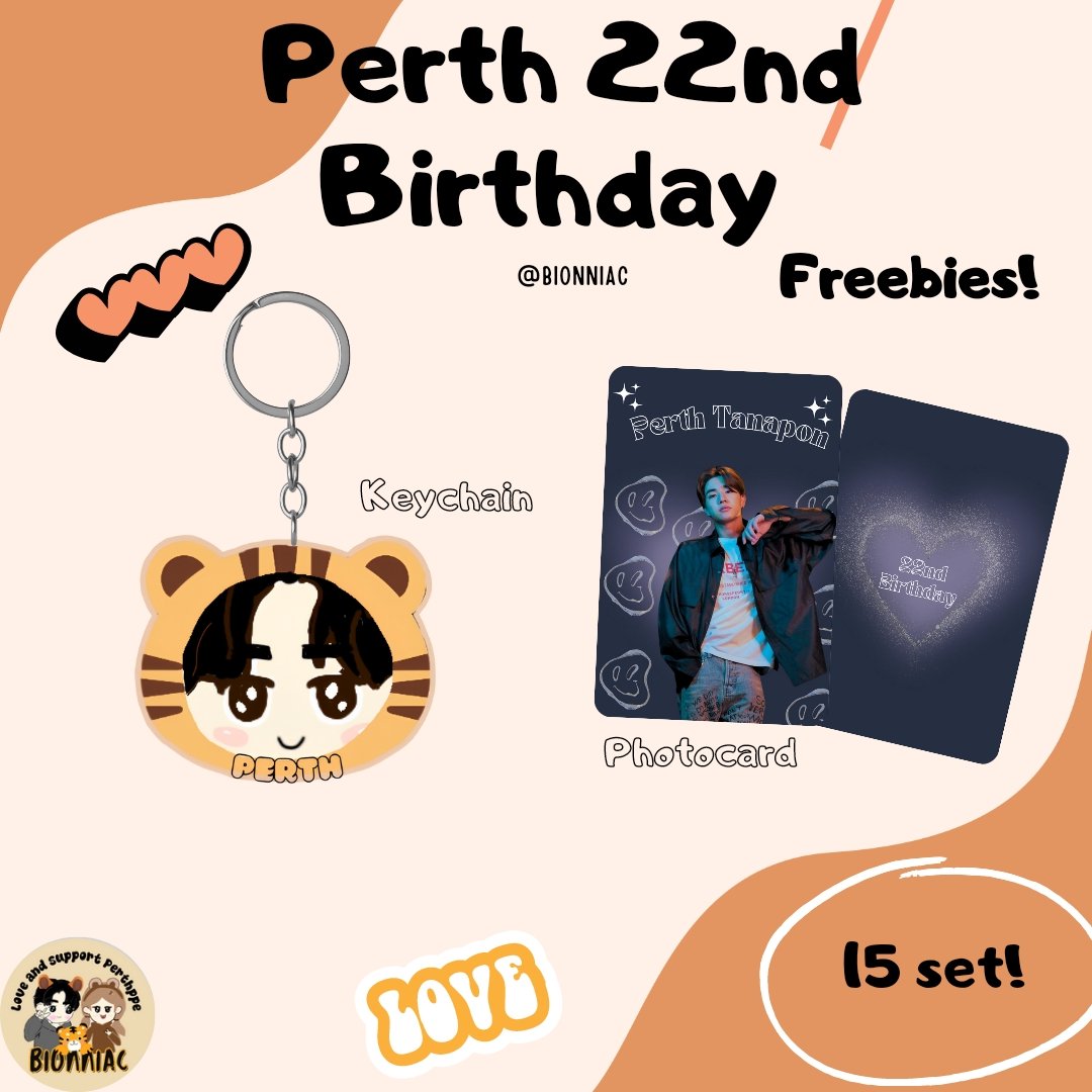Freebies special #Perth_22ndbirthday 🥳💗
Keychain+photocard design by  me.

📍 ; Event Birthday cafe Perth by @PERTHCHIMON_INA
Minggu 19 Maret 2023
[Outu cafe - Jakarta barat] 

*Only 15 set

#PerthTanapon 
#KDPPE