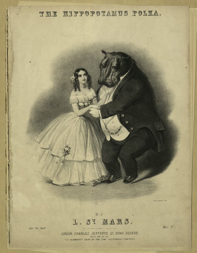 Obaysch the #Hippo is looking very fashionable in this 19th Century song sheet for the Hippopotamus Polka, composed in honour of Obaysch after his arrival at London Zoo in 1850 #ArchiveFashion #Archive30 #exploreyourarchive