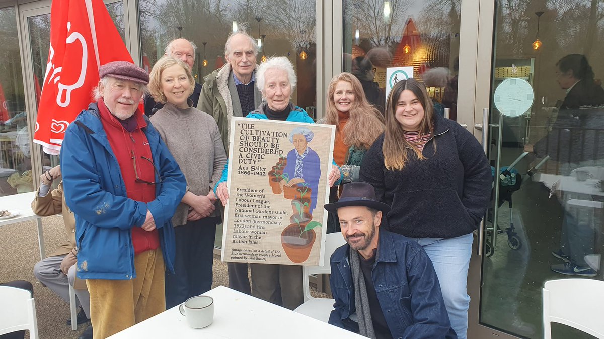 SalterCentenary's tweet photo. Despite blustery weekend weather, 25 enthusiastic @saltercentenary supporters went to see Ada's blue plaque on Sunday afternoon and met up for tea in Southwark Park cafe. (Here's a few by the lake with a framed Ada tea towel!) https://t.co/eJVUZokrUm