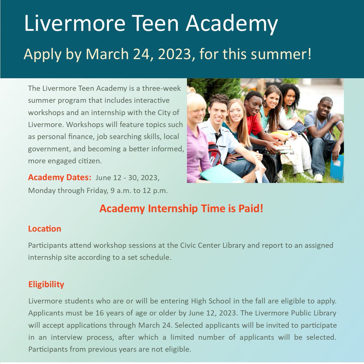 The @CityofLivermore has two exciting opportunities for #Livermore teens this summer!
 
📚 @LivLibrary is currently accepting applications for its Teen Academy that runs from June 12-30, Monday through Friday. This is geared toward youth interested in learning more about local