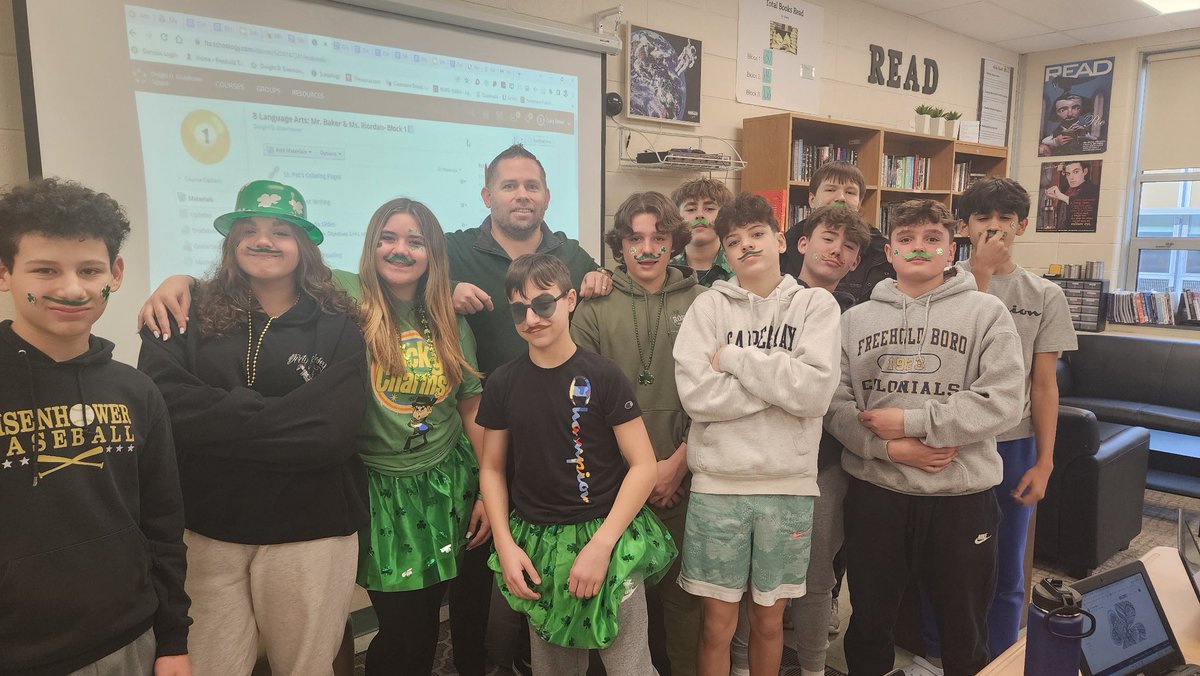 DDEBaker's tweet photo. Green and hats and shamrocks and mustaches. Happy St. Patrick’s Day from our DDE class. #stpatricksday #ddechallengeaccepted @DDEGambino @DDE_AGiarratano @MsKLHarms https://t.co/MoHQTBgY5R