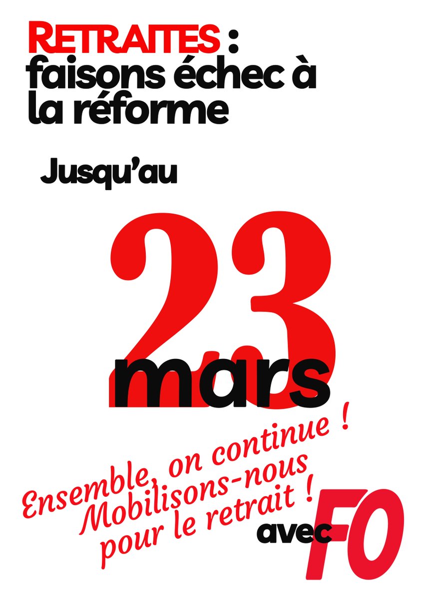 #ReformeDesRetraites Ensemble, on continue jusqu'au 23 mars ! Ensemble, mobilisons-nous pour le retrait !
Pour FO, la #ReformeDesRetraites, c'est toujours non ! #EnFOrcePourNosRetraites