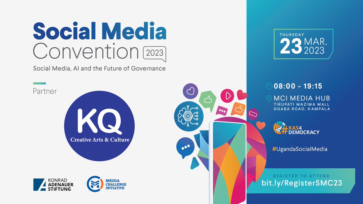 📢 We are delighted to announce that we are partnering with @KasUganda & @mcimediahub to program the Social Media Convention 2023  on March 23rd! 

Theme 'Social Media, AI & the future of Governance?'

⏰8AM - 7:15 PM (EAT)
🔗Register: socialmedia.ug

#KAS4Democracy