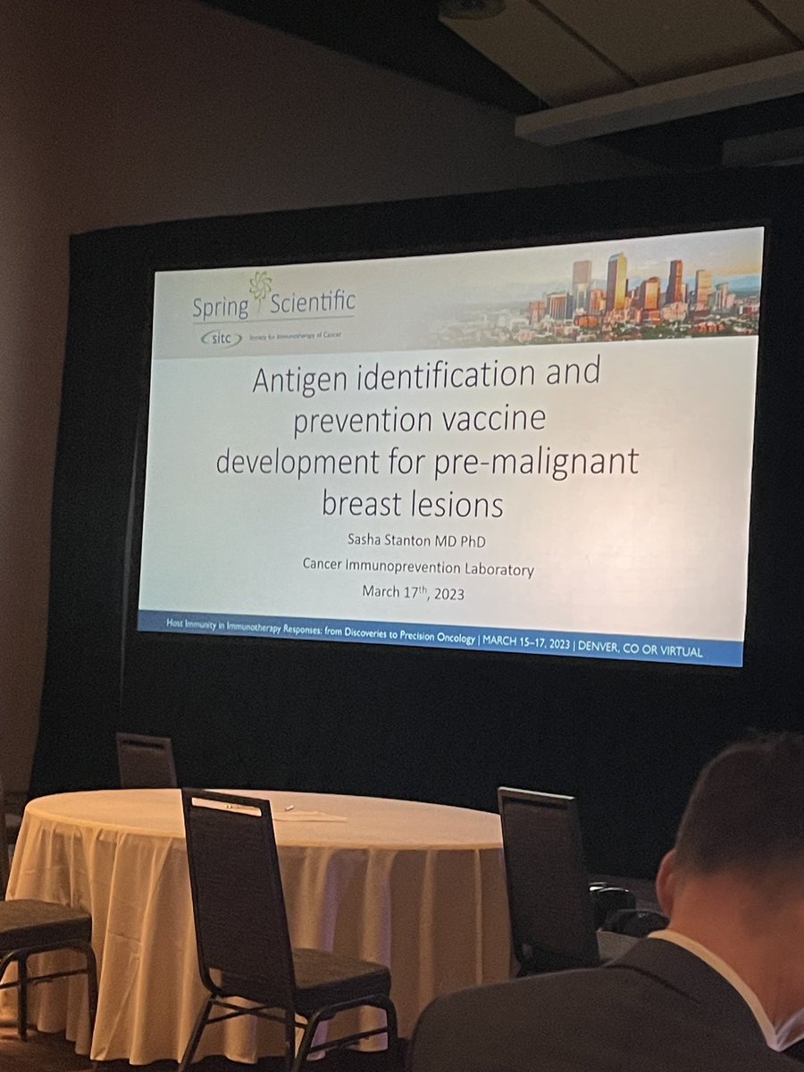 Chrystal_Paulos's tweet photo. Inspiring talk about antigen identification and CD4 T cell-based vaccines for pre-malignant breast lesions by Dr. Sasha Stanton @sestant29 at #SprITC @sitcancer. https://t.co/VgpdaH90PY