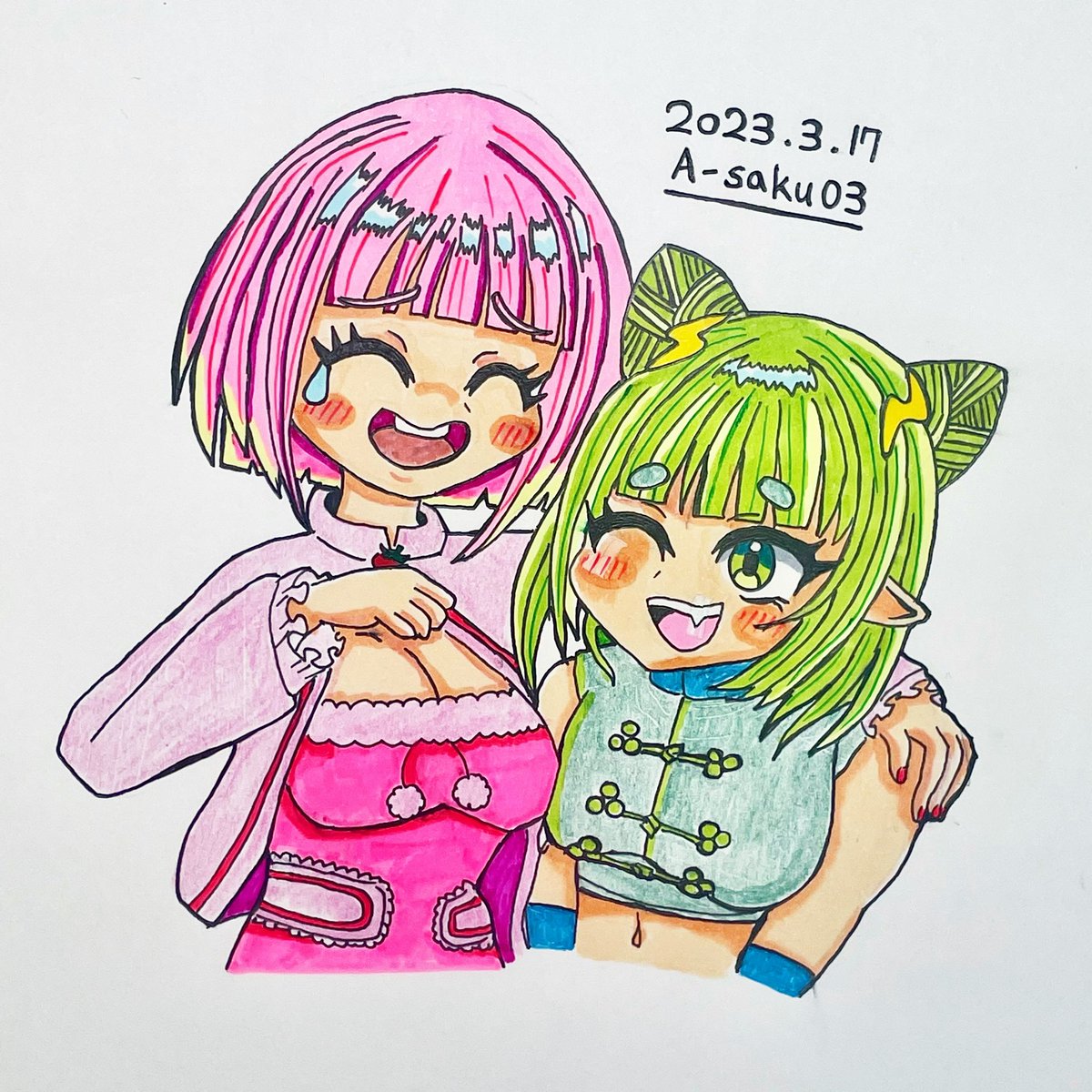 A_saku03's tweet photo. びりびりツインズの2人
描いてみました🖌✨

#漏電画伯 

#biribiritwins 
#びりびりツインズ
#甘々えぺる #電々りゅい
#イラスト #お絵描き #アナログ
#お絵描き好きな人と繋がりたい
#新人vtuber #女の子

【飲酒配信】雑談にカンパーーイ！！【新人Vtuber】 https://t.co/dEjzyfVEik @YouTubeより https://t.co/IP3bLDxydi