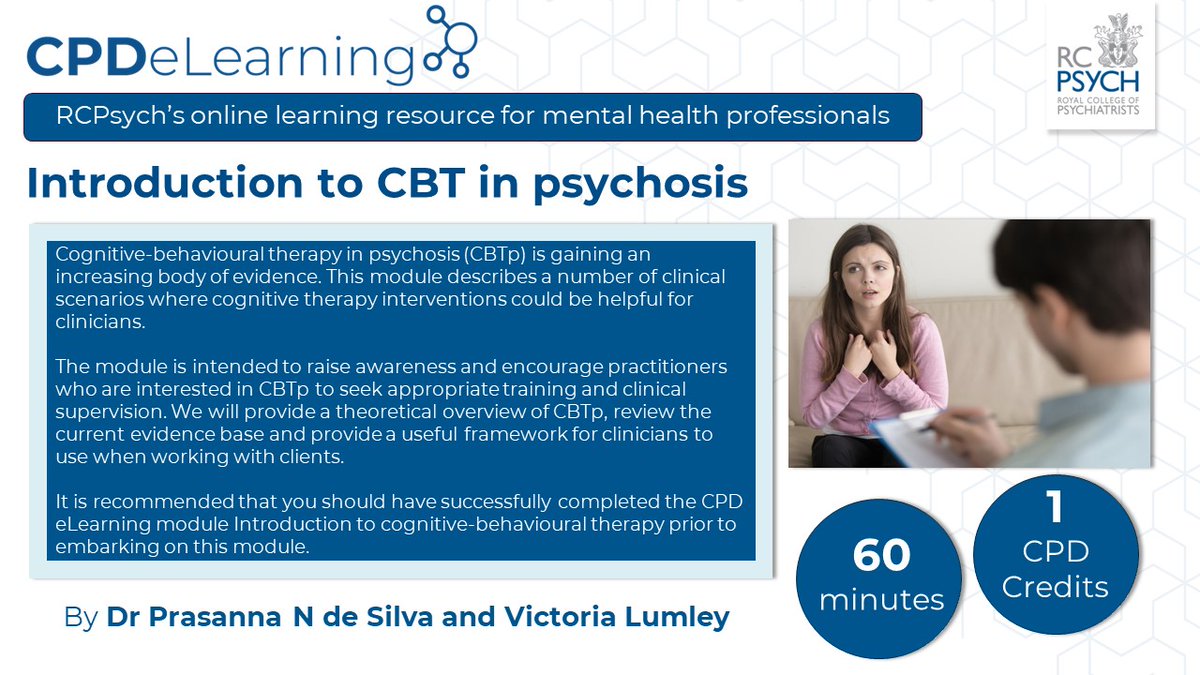 rcpsych_eLearn's tweet image. Are you attending @rcpysch our event on CBT in Practice: Introduction to CBT 2023

🔗▶️ bit.ly/3JKfa9N

The #eLearningHub hosts numerous content related to #CBT. Continue #learning with a #module Introduction to CBT in psychosis

💻🎧▶️ bit.ly/42iI08v

#CPD
