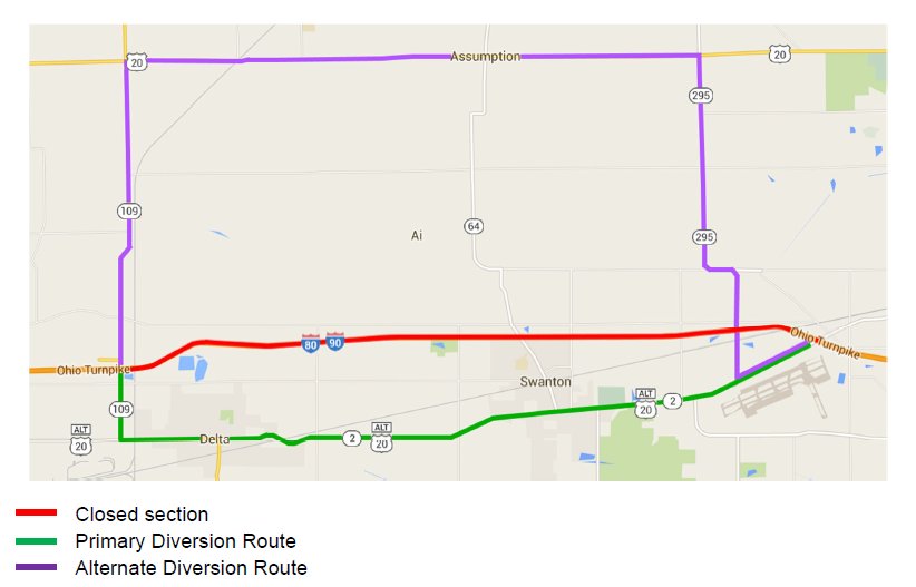 OhioTurnpike's tweet photo. TRAVEL ALERT: (1/2) At 11 PM tonight (3/17/23), the EB lanes of the #OHTPK will be closed from MP 39 to MP 52 (Fulton/Lucas Co) for emergency pavement repair.

Detour Route:
- Exit #OHTPK @ Toll Plaza 39 to SR109 S
- Turn Left onto SR2 E/US20 Alt E
- Enter #OHTPK Toll Plaza 52 https://t.co/UwHZMA04v9
