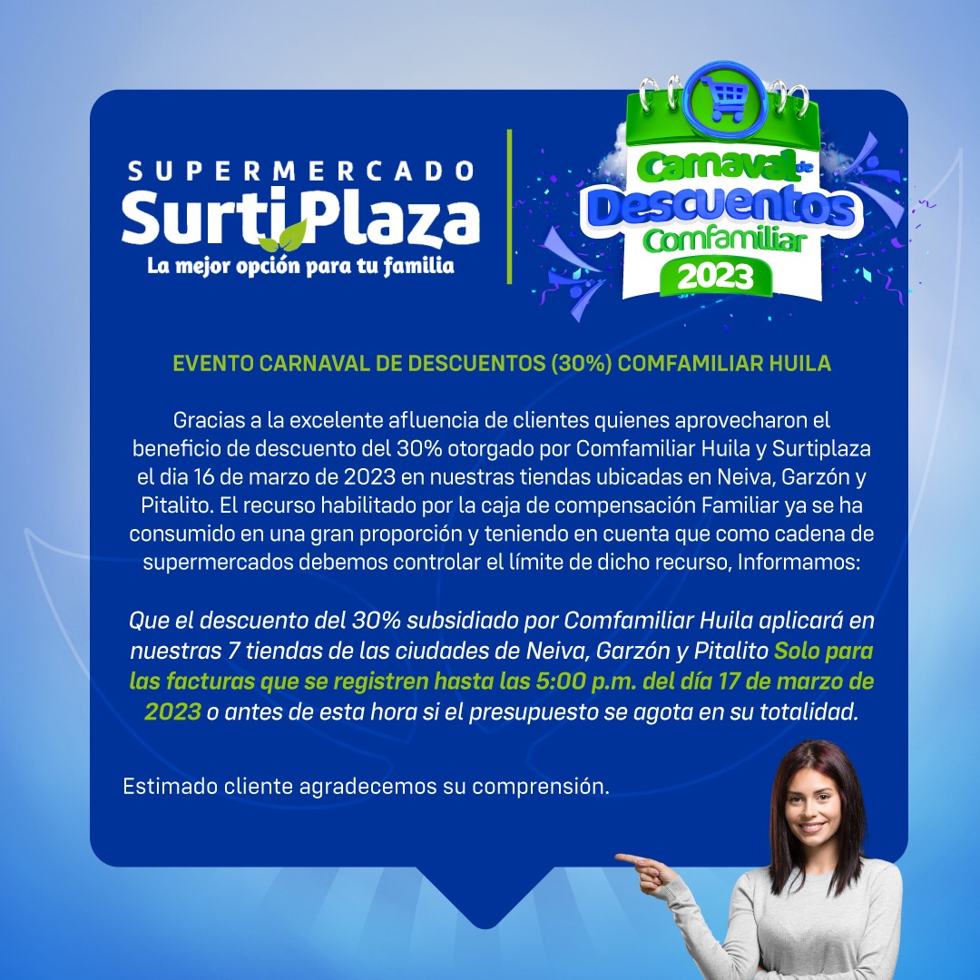 LaCarinosaNeiva's tweet photo. 🧏🏻♀️ #Atención 📌 Comunicado oficial Caja de #Compensación #Comfamiliar #Huila, @supermercadossurtiplaza para todos nuestros clientes. ¡Gracias por hacer parte de esta familia!
#ofertas #Surtiplaza #Conmfamiliar#yo#Neiva#Garzon#Pitalito #LaMejorOpcionParaTuFamilia #promociones https://t.co/kkPTSLbPv9