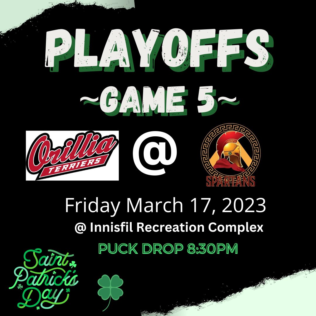 PJHLTerriers's tweet photo. Terriers travel to Innisfil tonight for Game 5 of Round 1 against the Spartans.
Terriers lead the series 3-1
#letsgoterriers #orilliaterriersjrc #pjhl #stpatricksday2023 ๐ https://t.co/qatK9jdlZ3