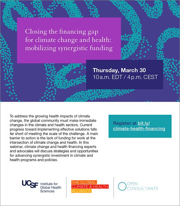 GCHAlliance's tweet photo. (Lack of) Funding = main barrier to projects at the intersection of #Climate &amp; #Health.

Join us + climate change &amp; health financing experts to discuss strategies &amp; opportunities for advancing synergistic investment.

Register at https://t.co/zN7Gtr5gHV climate-health-financing https://t.co/pa3gxQCvRB