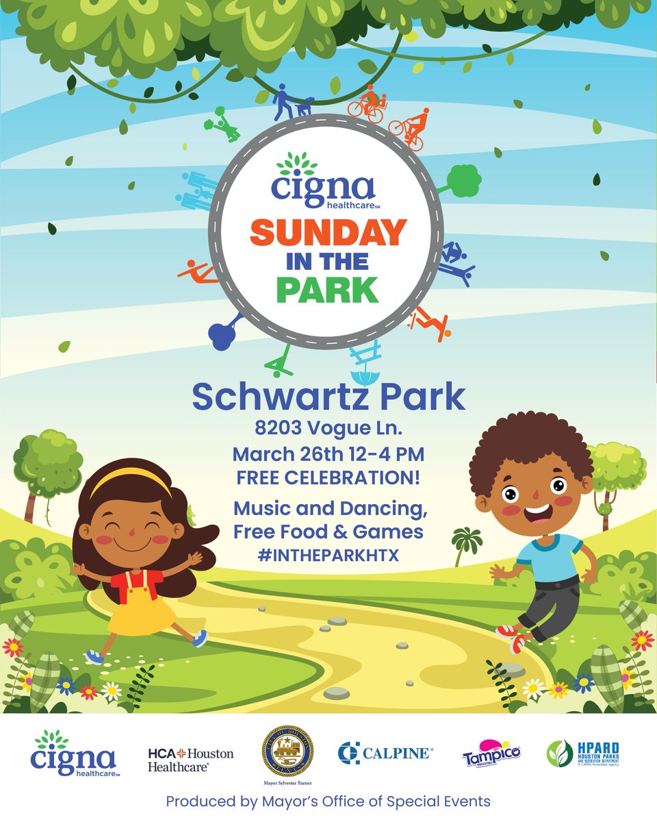 MayorsEvents's tweet photo. @Cigna Sunday in the Park kicks off the spring season in Spring Branch on Sunday, March 26th at Schwartz Park. Grab the kids and come out 12-4pm for live music, free food & activities for the whole family! #intheparkhtx #cignasundayinthepark https://t.co/tme4r7Yc2R