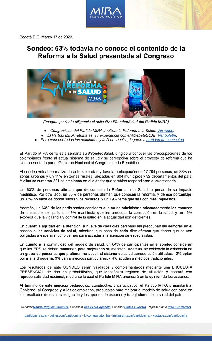 PartidoMIRA's tweet photo. Comunicado: Resultados Sondeo #ReformaALaSalud

Estos indicadores serán validados y complementados con una ENCUESTA PRESENCIAL nacional

Ejercicio pedagógico, constructivo y participativo, para presentar propuestas al Gobierno y al Congreso

#AsíVaLaSalud: https://t.co/ONZTrq7Pj4 https://t.co/OwPulCtqd1