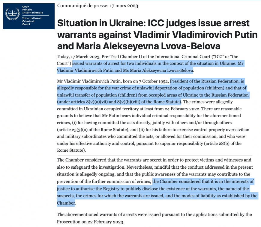 N_Hervieu's tweet photo. Crimes de guerre en #Ukraine : De façon inédite, la Cour pénale internationale (CPI) émet un mandat d'arrêt envers Vladimir #Poutine.

Et ce, en raison de la déportation forcée d'enfants ukrainiens vers la Russie. Où ils sont "rééduqués" &amp; adoptés.

=> https://t.co/7wz0b92qnB https://t.co/ta1TexKuqT