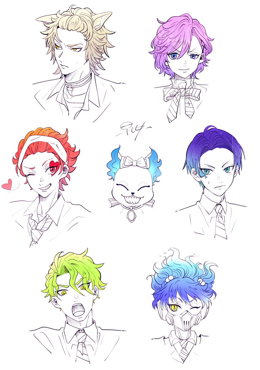 multiple boys red hair blue hair purple hair 6+boys blonde hair smile  illustration images