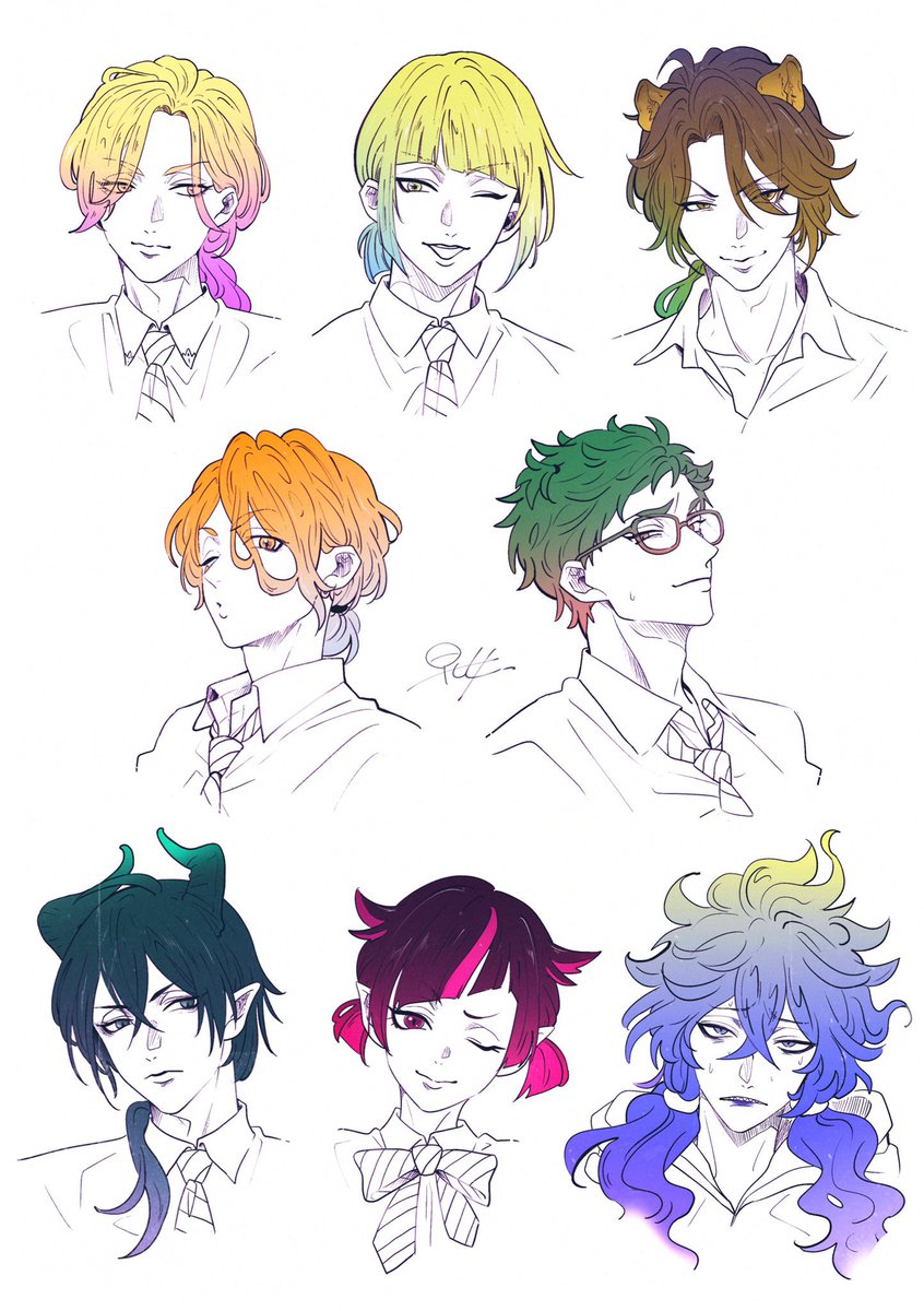 multiple boys red hair blue hair purple hair 6+boys blonde hair smile  illustration images