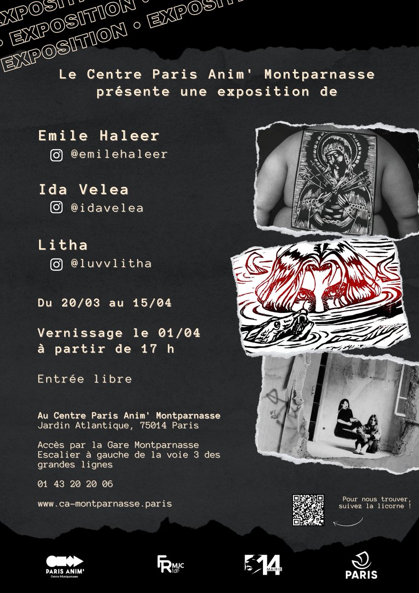 Mairie du 14e (@mairieparis14) on Twitter photo Exposition de Emile Haleer, Ida Velea et Litha 🎨
Venez retrouver le travail de Emile Haleer, Ida Velea et Litha au cam à partir du 20 mars au 15 avril, au Centre Paris Anim' Montparnasse ! 
Un vernissage en présence des artistes est prévu le samedi 1er avril à partir de 17h. Exposition de Emile Haleer, Ida Velea et Litha 🎨
Venez retrouver le travail de Emile Haleer, Ida Velea et Litha au cam à partir du 20 mars au 15 avril, au Centre Paris Anim' Montparnasse ! 
Un vernissage en présence des artistes est prévu le samedi 1er avril à partir de 17h.