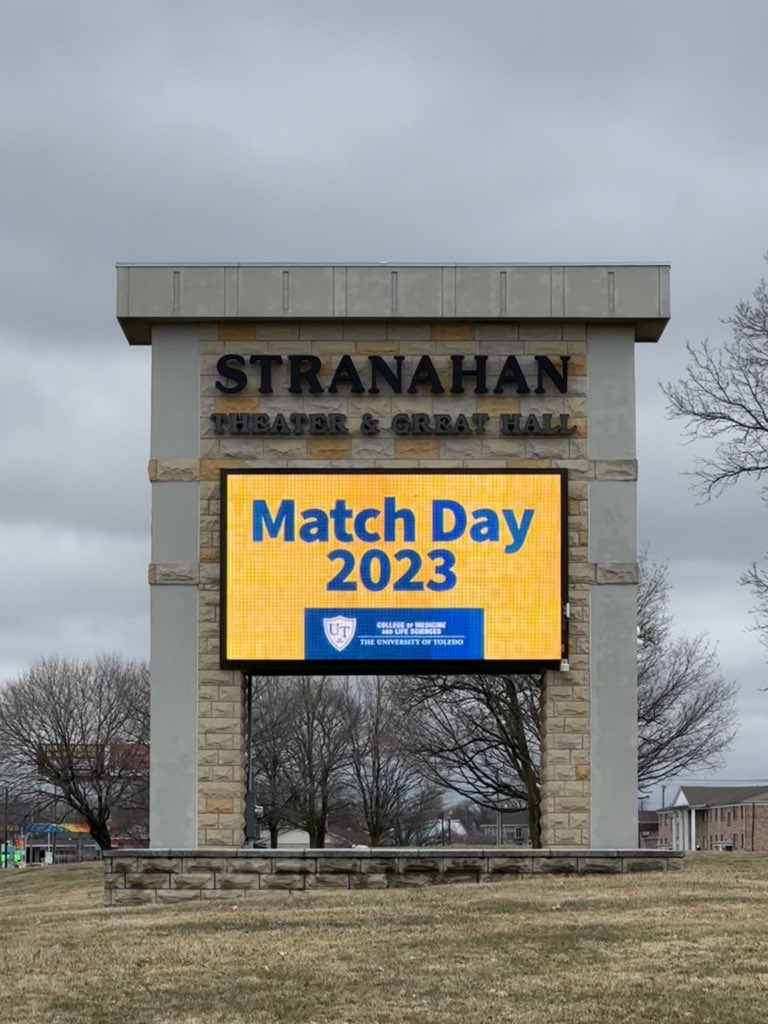 The marquee at the Stranahan Theater displays Match Day 2023 artwork.
