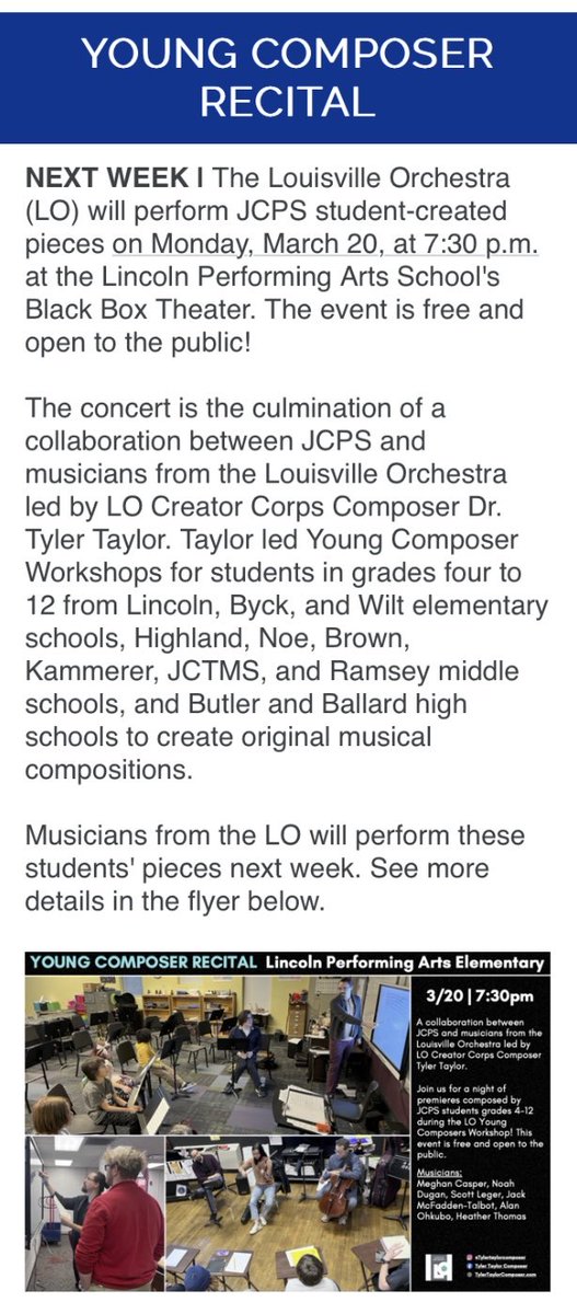 Come check out our ⁦<a href="/JCPSKY/">JCPS</a>⁩ student composers whose pieces will be played by LO musicians on Monday!