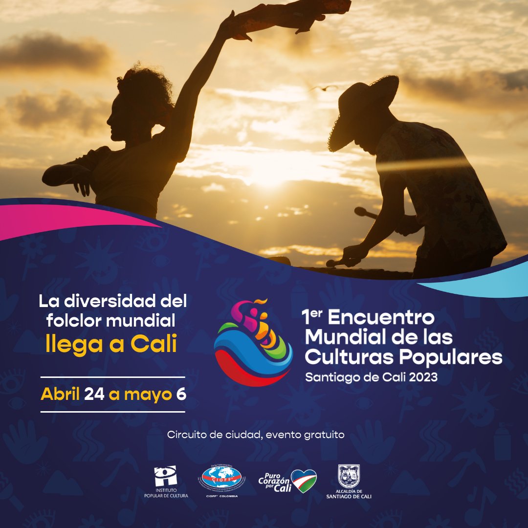 Prepárate para vivir el 𝗜 𝗘𝗻𝗰𝘂𝗲𝗻𝘁𝗿𝗼 𝗠𝘂𝗻𝗱𝗶𝗮𝗹 𝗱𝗲 𝗹𝗮𝘀 𝗖𝘂𝗹𝘁𝘂𝗿𝗮𝘀 𝗣𝗼𝗽𝘂𝗹𝗮𝗿𝗲𝘀, un evento con circuitos de ciudad totalmente gratuito. 🌏💃🕺🎨

#CaliEsCulturalMundial
#CIOFFCOLOMBIA #PorLasTradicionesVivas #SomosArteyCultura #CaliTeQuiere