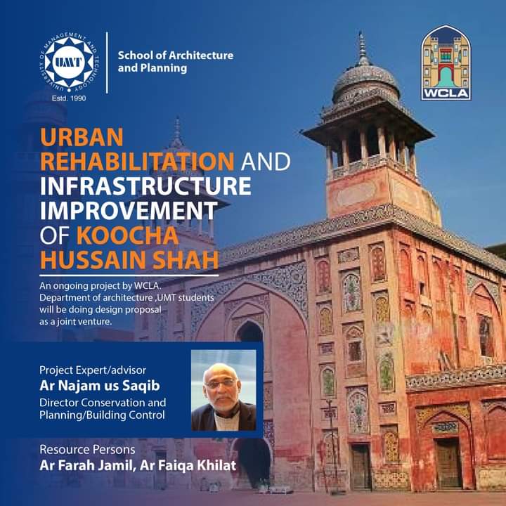 umt_sap's tweet photo. A joint venture of SAP@UMT and WCLA: Urban Rehabilitation and Infrastructure Improvement of Koocha Hussain Shah: UMT Batch 10 Architecture Students in their Architectural conservation course experiencing a live project in which they are working with WCLA and preparing the designs https://t.co/xBJsBIJaih