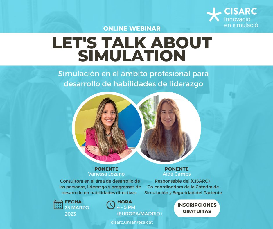 UManresa's tweet photo. 🆕Let's talk about simulation: Simulació en l'àmbit professional per al desenvolupament d'habilitats de lideratge amb Vanessa Lozano i @campsAida1
🗓️ 24 de març
⌚️16 h
🔗https://t.co/hFbQ8LH9t2
#simulacio #cisarc #lideratge https://t.co/aryQ6nJ2Yl