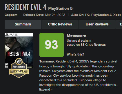 Resident Evil 4 Remake larga com nota 93 no Metacritic