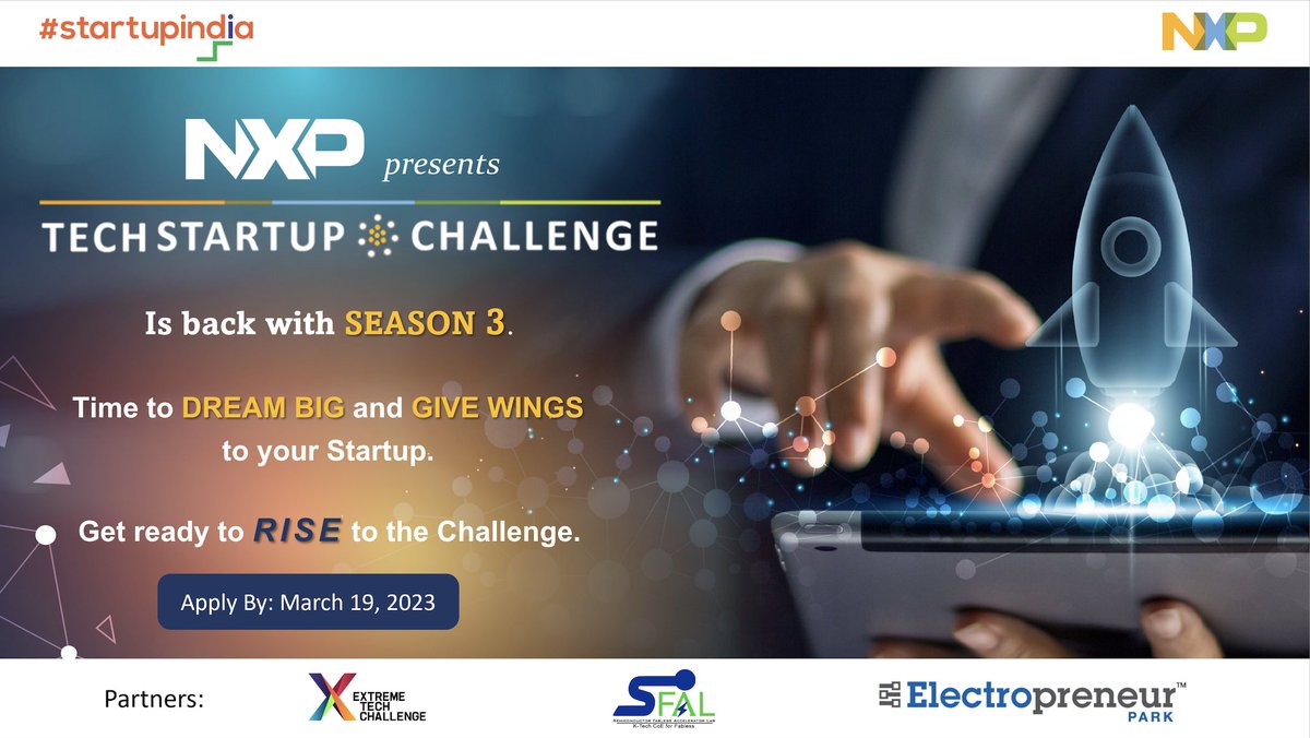 startupindia's tweet photo. The deadline of the NXP Tech #Startupchallenge has been extended to 19th March! If you are an #IndianTechStartup seeking opportunities to collaborate, network & scale your startup, apply now: https://t.co/kgsETDfB42
@NxpIndia @electropreneur @SFALCoE @ExTechChallenge
#Innovation https://t.co/9fBkkeIFi9