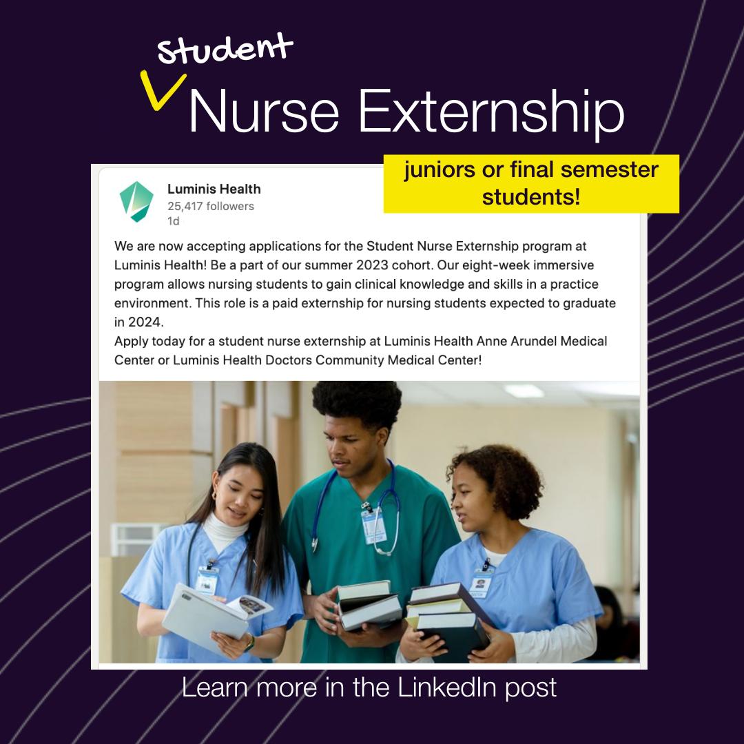 📣 Attention college juniors/final-year college students! @LuminisHealth (Lanham, Md or Annapolis, Md) is now accepting applications for their nurse externship program!

Learn more details on their LinkedIn: linkedin.com/posts/luminish…

#students #nursingstudent #nursegraduation
