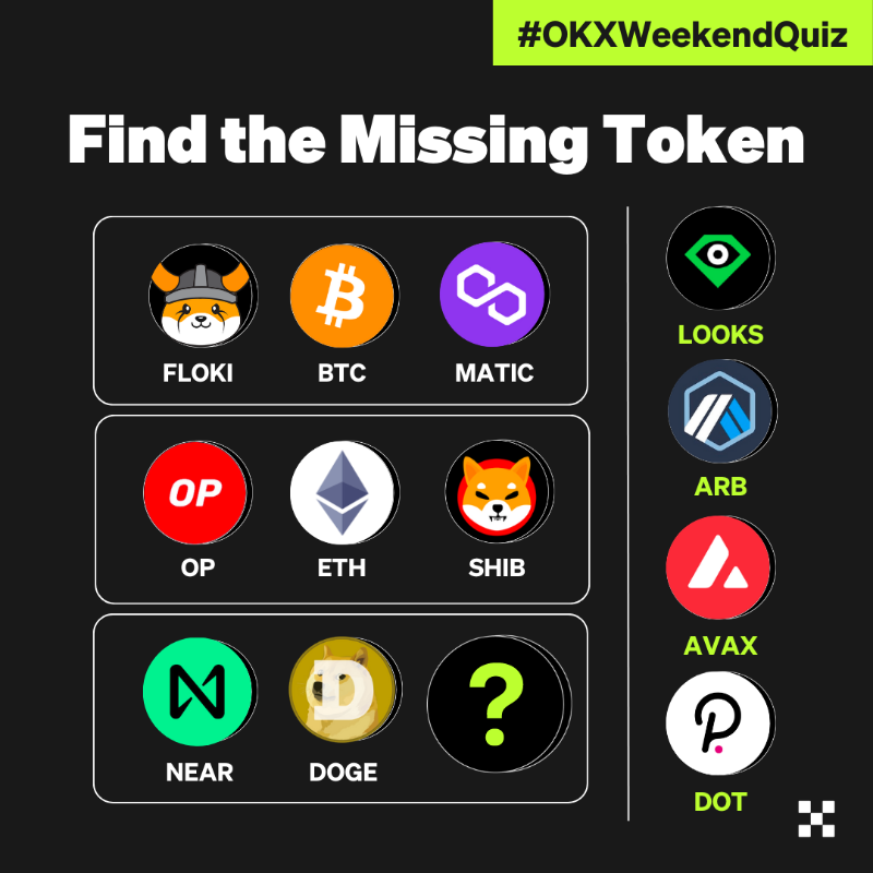 okx's tweet photo. #OKXWeekendQuiz: find the missing token 🔍

Participate to win up to 120 USDT 💰

🤑 To enter:

1️⃣ Follow + ♥️ + RT
2️⃣ Comment your answer &amp; @ 2 friends
3️⃣ Fill ⤵️