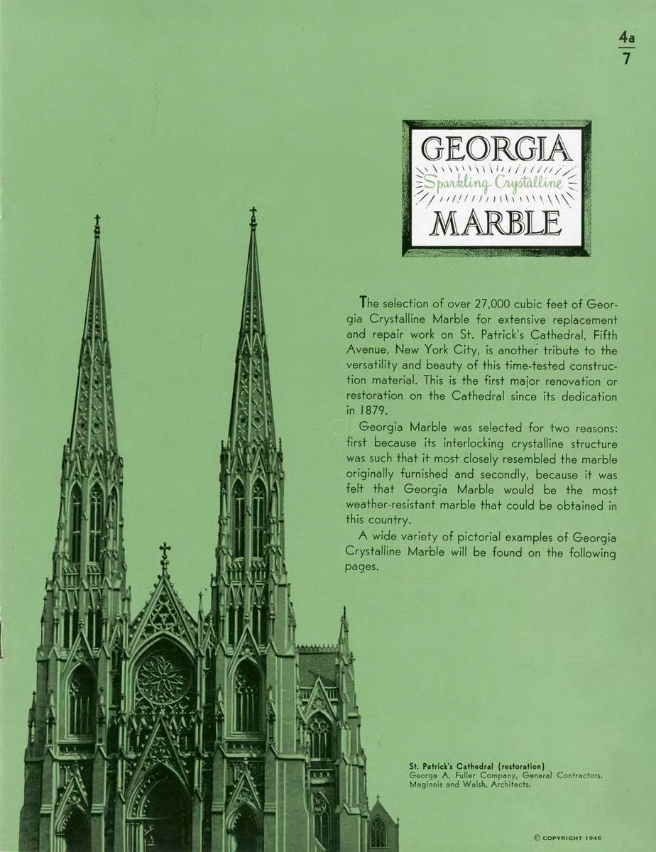 KSU_Archives's tweet photo. Happy St. Patrick's Day! Did you know that Georgia Marble was used in the 1945 renovation of St. Patrick's Cathedral in Manhattan? It was chosen for its resemblance to the original marble and its durability. 
Images from the Georgia Marble Company Records. https://t.co/pldGl2EKoG