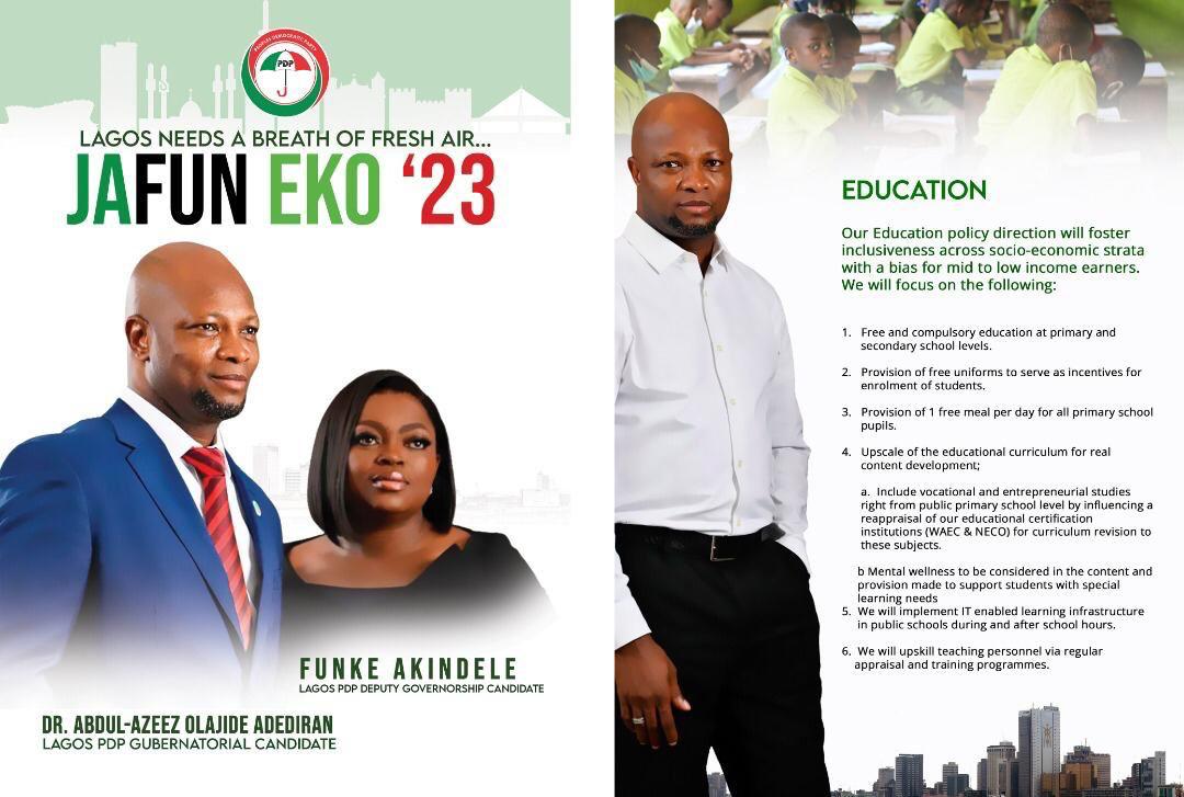 SimplyTEEWHY's tweet photo. With Jandour as governor, Lagosians won't have to be celebrating payment of WAEC fees as proof of educational development.
Professional development of teachers will be given to priority while curriculum will be upgraded to accommodate global realities.
#VOTEPDP #JafunEko https://t.co/kJB0klGlh6