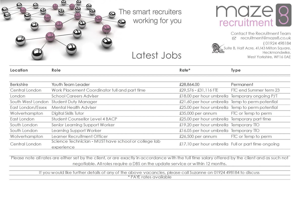 Take a look at some of our latest vacancies!  If you would like to discuss further, please contact <a href="/suzannedyda/">Suzanne Dyda</a> for more details 01924 498184 #jobsineducation #londonjobs #midlandsjobs #studentservices #trainingproviders #fejobs