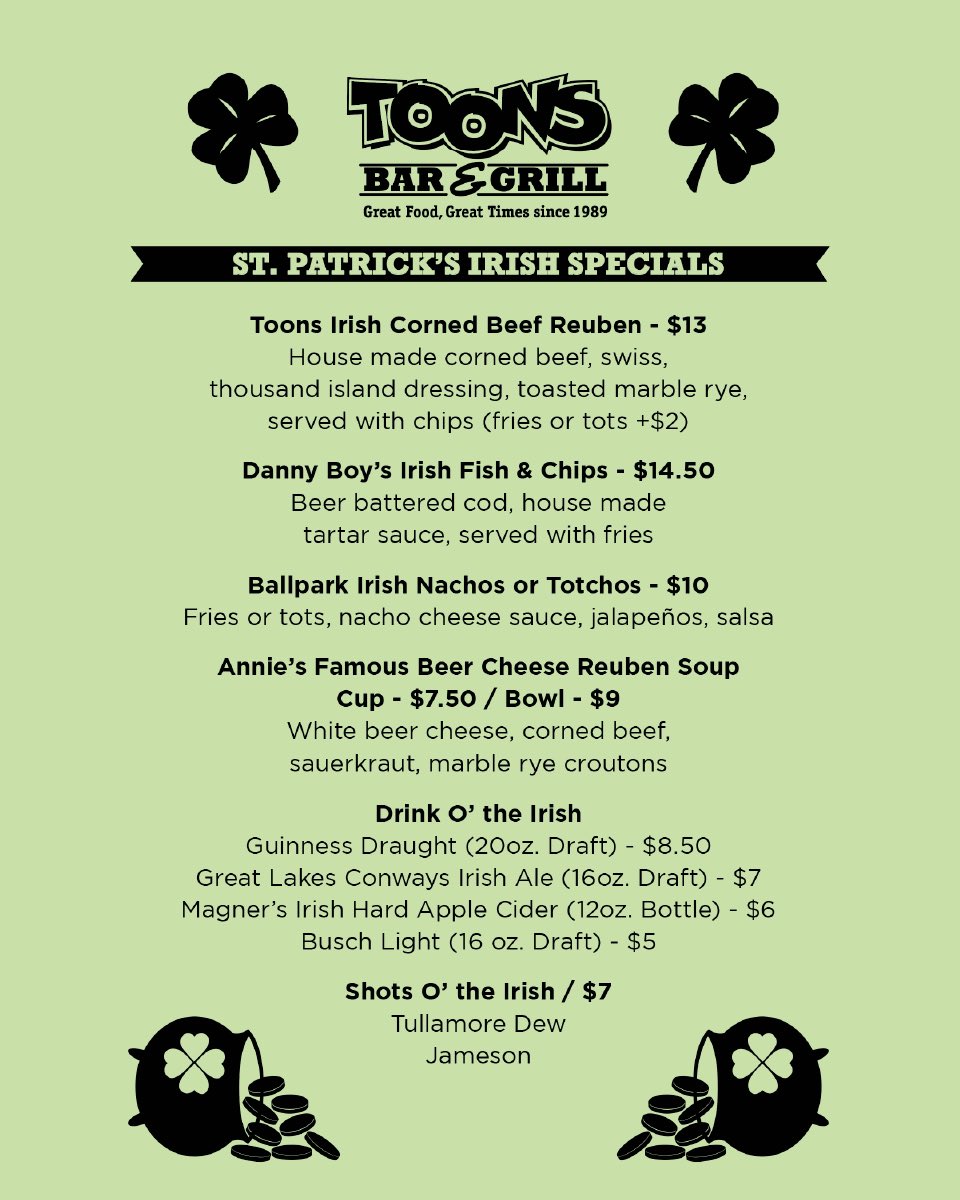 ToonsChicago's tweet photo. ☘️ St. Patrick’s Day in Chicago! ☘️
Open at 11am. Delivery & pickup available. Call ahead for pickup: (773) 935-1919. View menu & more at https://t.co/zCd7UwnqRb
#chicagobars #wrigleyville #southportcorridor #lakeviewchicago #lakevieweast #stpatricksday #chicagostpatricksday https://t.co/c3bRddYZxw