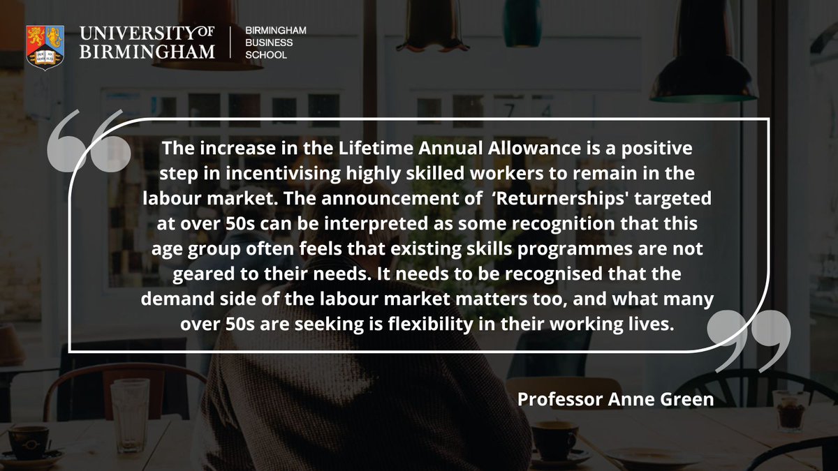 UoB_Business's tweet photo. What was included in #JeremyHunt's #SpringBudget2023 to help over 50s get back into work? @Anne_E_Green @CityREDI comments on the policies introduced and the need to identify demand π¬π #returnership https://t.co/YEA99inUkk