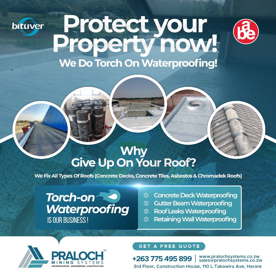 We Provide A Water- Tight Solution For Your Roof.
▪️Concrete Deck Waterproofing
▪️Gutter Beam Waterproofing
▪️Roof Leaks Waterproofing
▪️ Retaining Wall Waterproofing 
+263 775 495 899 
sales@pralochsystems.co.zw
pralochsystems.co.zw
@BusinessTimesZW
@PmEngineers @ETimesZw