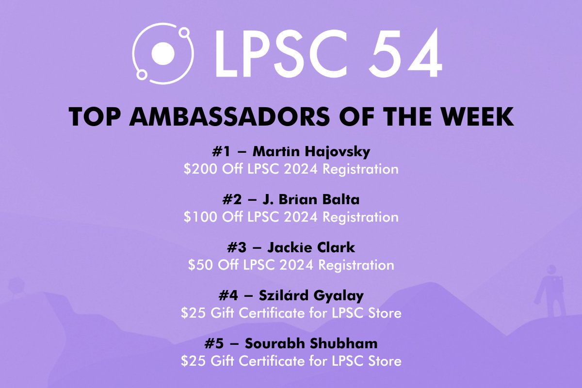 LPItoday's tweet image. Congratulations to the #LPSC2023 Top Ambassadors of the week!
#1 - @MartinHajovsky 
#2 - @TheEarthStory 
#3 - @Geo_JackJack 
#4 - @szizygy 
#5 - @sourabh_shubham