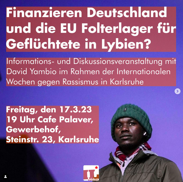 Anyone in/near #Karlsruhe, come &amp; listen to Yambio David, one of the founders &amp; speakers of <a href="/RefugeesinLibya/">Refugees In Libya</a> 
explain how #Germany &amp; #EU are financing torture camps in #Libya. So yes, the suffering of <a href="/RefugeesinLibya/">Refugees In Libya</a> conerns us all!

#SafePassage
#EvacuateRefugeesFromLibya