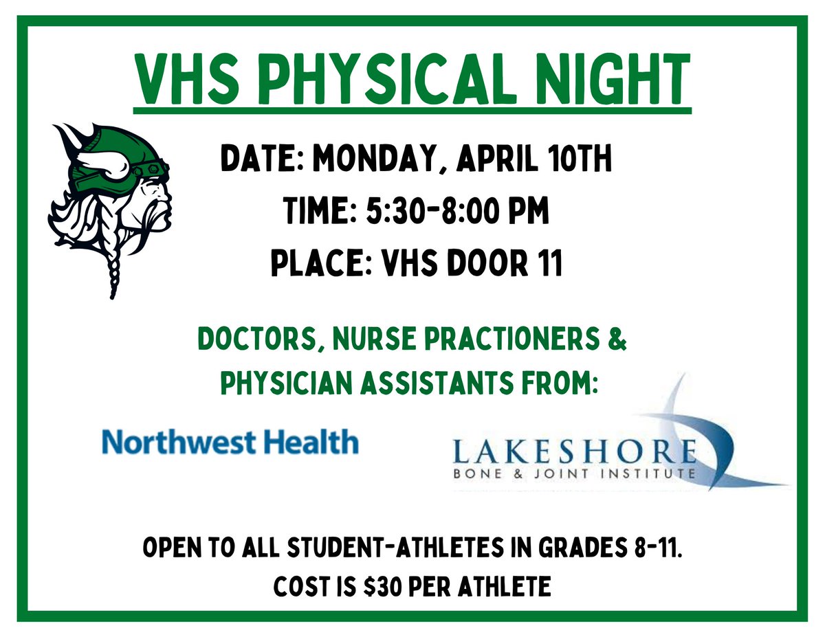 VHS physical night! Monday, 4/10 from 5:30-8 pm.  Thank you <a href="/LBJI_IN/">Lakeshore Bone & Joint Institute</a> &amp; Northwest Health! <a href="/Valpo_Schools/">Valparaiso Community Schools</a> <a href="/ValpoHS411/">Viking Info</a> <a href="/Valpocheer1/">Valpo Cheer</a> <a href="/valpocross/">Valpo Cross</a> <a href="/valpotf/">ValpoTF</a> <a href="/ValpoHS_Soccer/">VHS Soccer</a> <a href="/VHSvikingswim/">Valpo Swimming & Diving</a> <a href="/ValpoUnified/">Valpo Unified</a> <a href="/ValpoGSoccer/">Valpo Girls Soccer</a> <a href="/ValpoVikingSB/">Valpo Softball</a> <a href="/valpoxc/">Valparaiso Girls XC</a> <a href="/VVikingbaseball/">VHSVikingbaseball</a> <a href="/CoachCWilson/">Coach Candy Wilson</a> <a href="/VHSFootball_19/">Valpo High School Football</a>