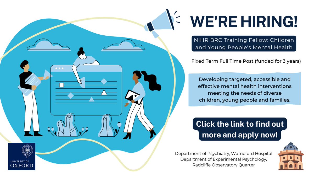 NEW FELLOWSHIP OPPORTUNITY - we are looking for a post-doc (PhD or DClinPsy) researcher to join us in developing better understanding and treatment for youth mental health. Check out the details👇 my.corehr.com/pls/uoxrecruit… @OxHealthBRC @OxPsychiatry @OxExpPsy @alansteinoxford