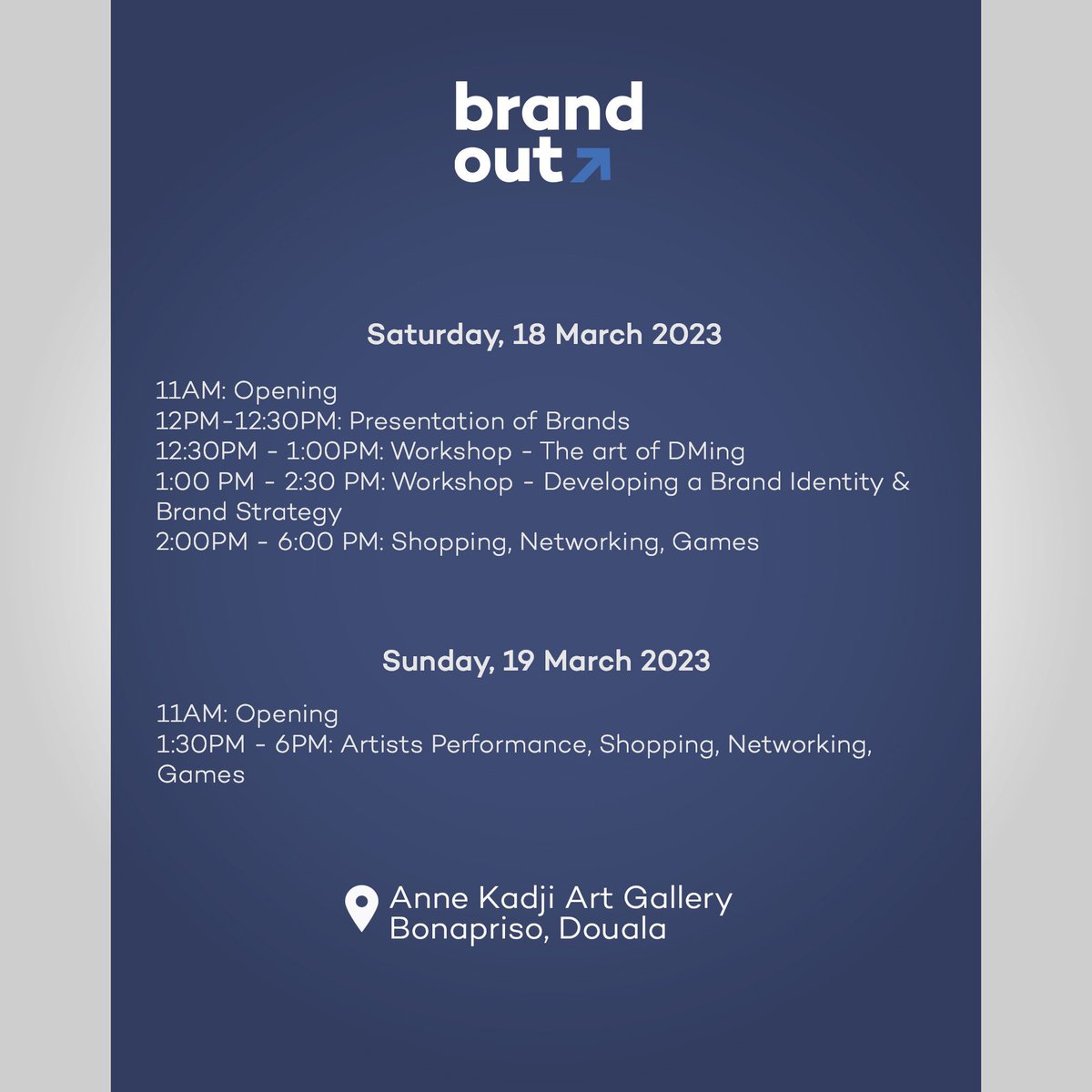 your_favoriti's tweet photo. This event is about to change businesses And lives! #BrandOut starts tomorrow and lasts for 2 days. If you are an entrepreneur or someone who aspires to be one, this is a great opportunity for you. Come to Anne Kadii Art Gallery at Bonapriso, Douala and be educated/entertained. https://t.co/68UGKP7ASX