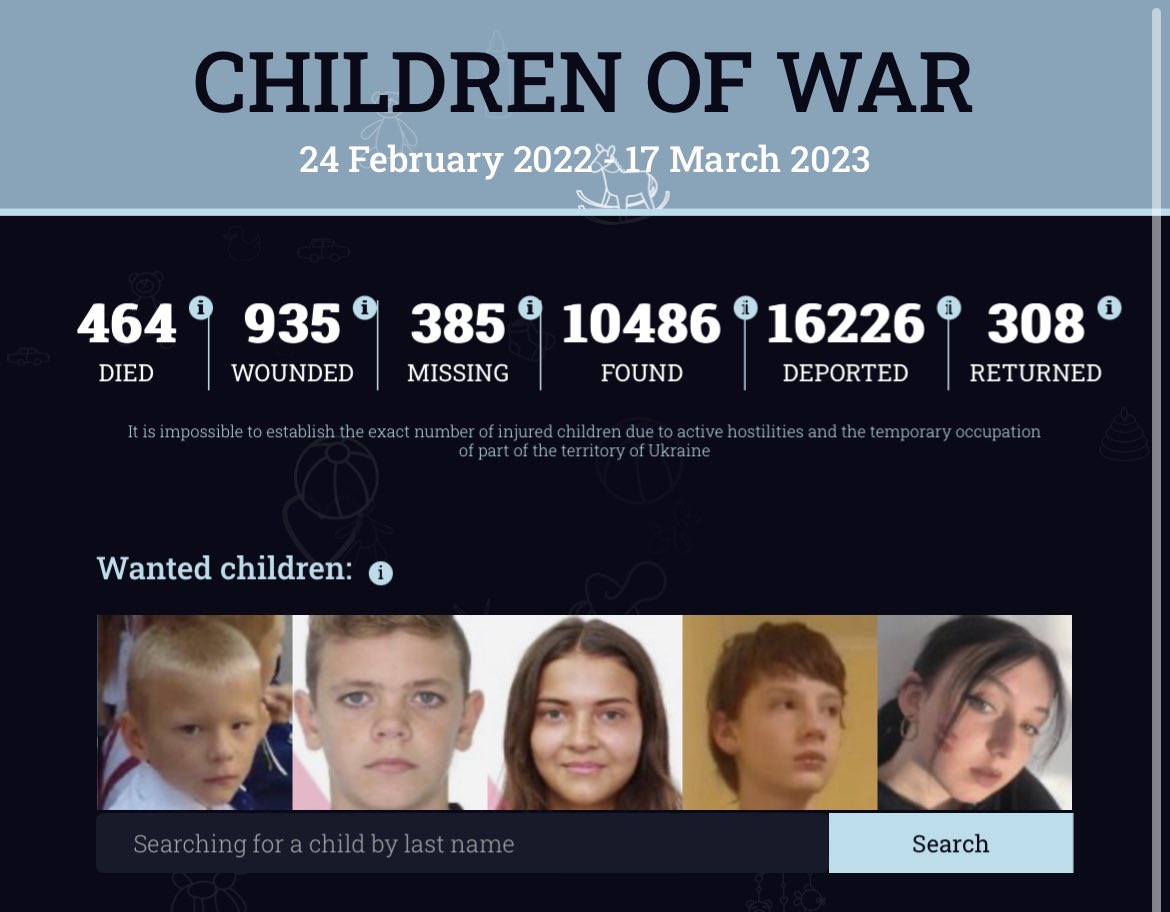 maria_avdv's tweet photo. ICC issue arrest warrants against Putin. He is responsible for war crime of deportation of Ukrainian children. Maria Lvova-Belova named “Commissioner for children's rights”adopted deported boy from Mariupol.

At the moment 16226 Ukrainian children have been deported. https://t.co/JGJr6ye1jb