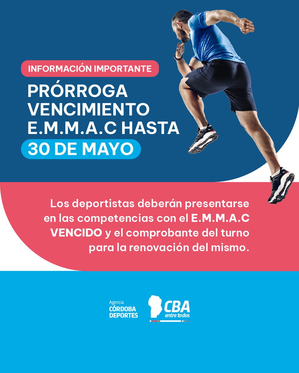 DeportesCba's tweet photo. 💪 #DeporteFederado ➡️se prorroga el vencimiento del #EMMAC hasta el 30 de mayo de 2023📆, con el fin de evitar aglomeraciones masivas en los centros médicos y en los consultorios de los efectores 🥼 del Examen Médico para la Mediana y Alta Competencia. https://t.co/Ib2DXUPMXX
