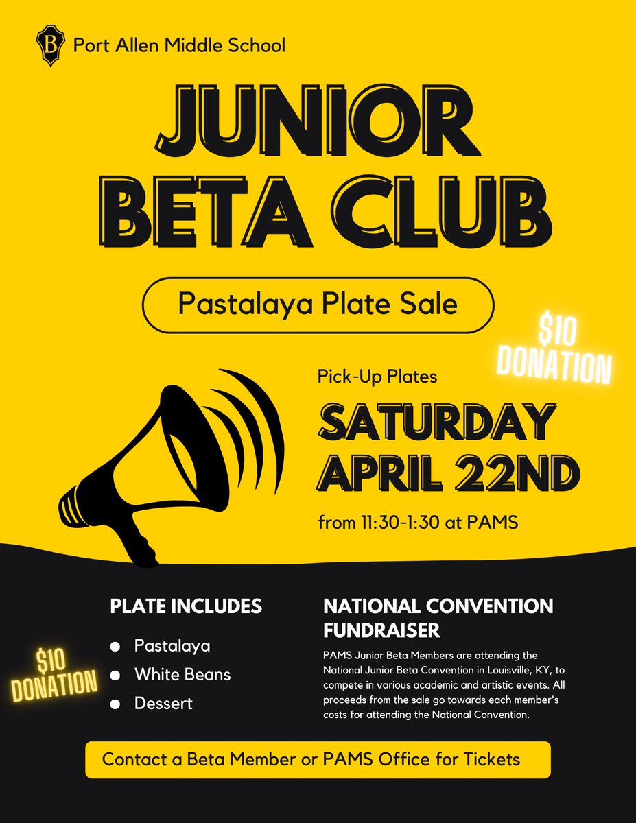 JayFonty's tweet photo. @PortAllenMiddle Beta Club is holding a Pastalaya Plate Lunch fundraiser for their trip to the National Convention in Louisville, KY, this summer! Plates are $10 and pick-up date is April 22. Help out Betas go to Nationals!! #WBRProud #WeAreWBR https://t.co/VYxN0uFqvs