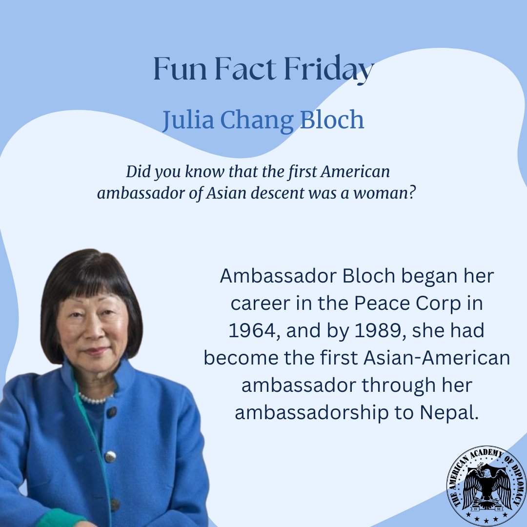 AcadofDiplomacy's tweet photo. Amb. Julia Chang Bloch became the first Asian-American to become an ambassador in 1989 through her ambassadorship to Nepal. Our valued member continues to advocate for Asian-Americans through education, as she is the founder and president of the US-China Education Trust. #WHM2023 https://t.co/znm7I0Vahf