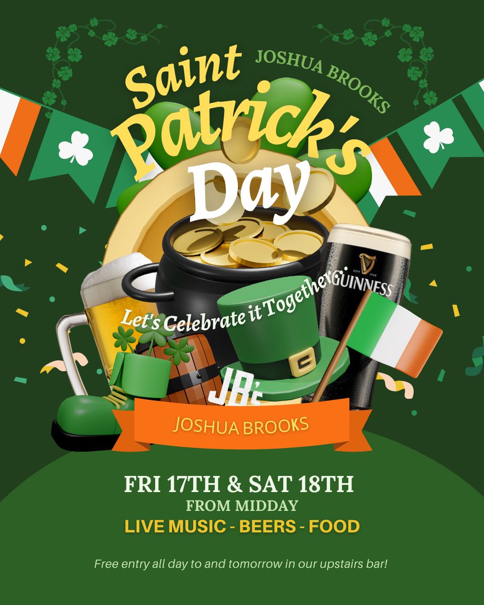 🍀 Get lucky this St Patrick’s weekend! We’ve got the Irish festivities lined up this Friday & Saturday: the deals, the music, and the first taste of that Guinness. - This is happening at JBs, and you need to know this! 🍀