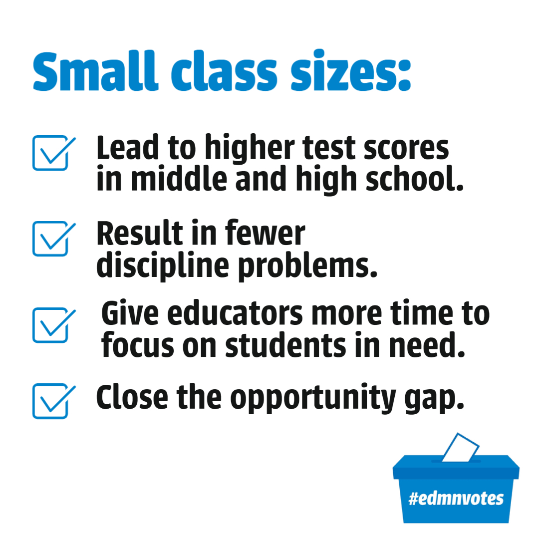 Minnesota's classrooms are the sixth most crowded in the nation. We can't expect educators to deliver for our state's children with a 1:30 teacher-student ratio.

Lowering class sizes is a proven way to improve student outcomes and close the opportunity gap. Pass HF2619! #mnleg